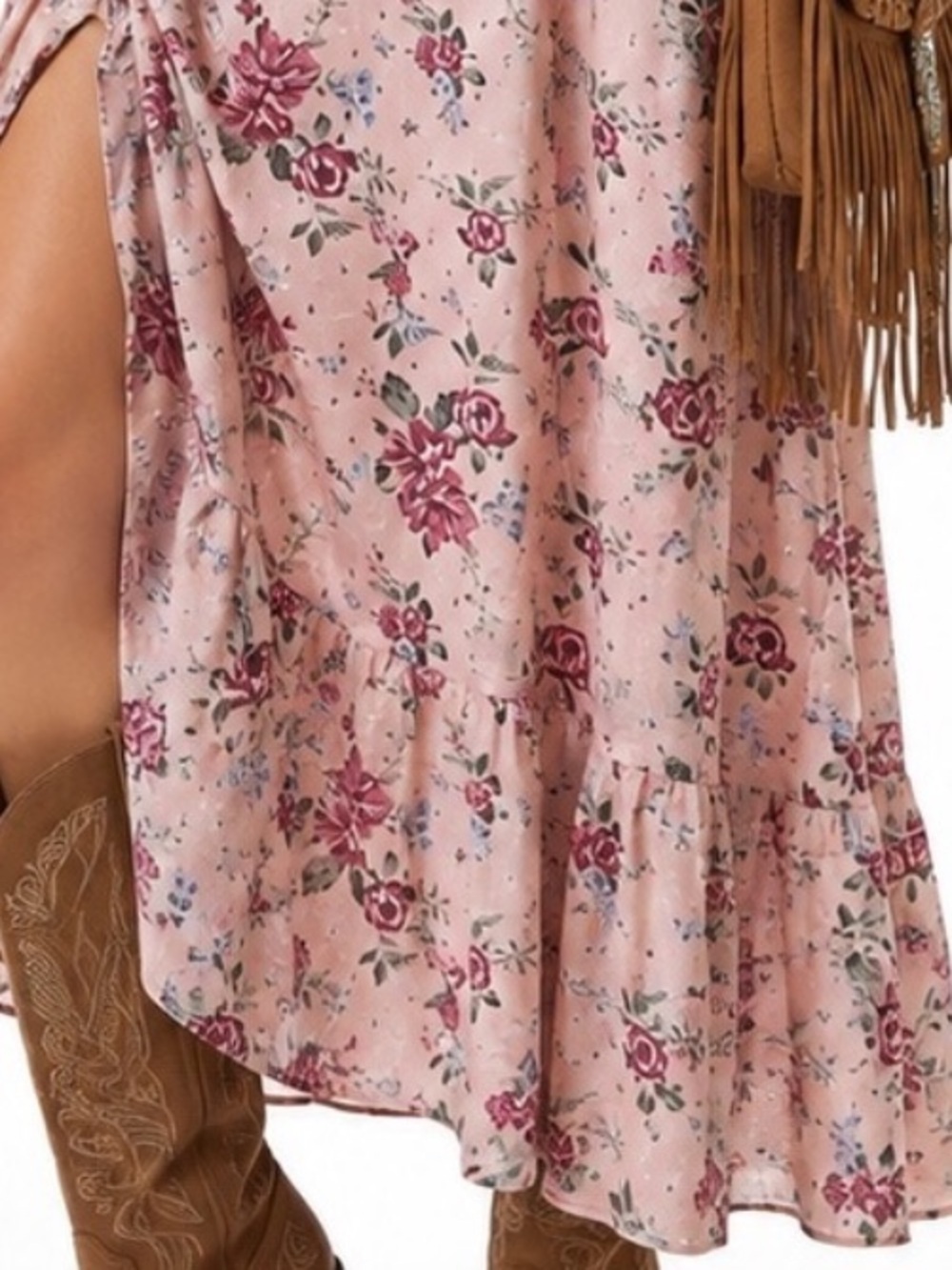 Pink Floral Puff Sleeve Tie Back Bohemian Midi Dress SZ LG NWTS!! - Picture 7 of 13